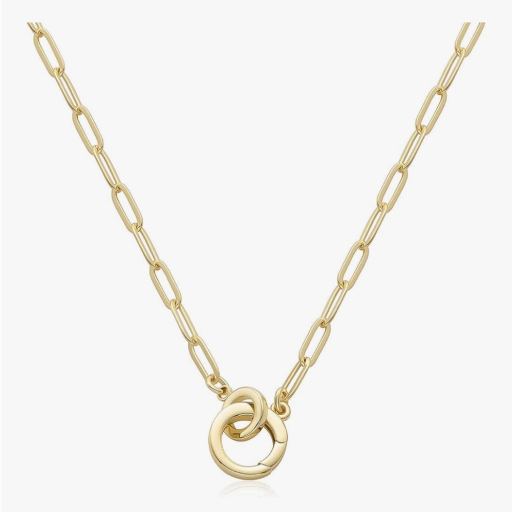 Classic Gold Interlocking Paperclip Circle Pendant Lariat Charm Holder Necklace - Picture 7 of 14